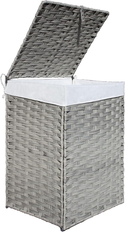 Woven Laundry Hamper with Lid,24Gal (90 L) Rattan Wicker Laundry Basket 2 Sections with Lid, Removable Machine Washable Line, Large Clothes Hamper with Handles for Bathroom Bedroom, Gray