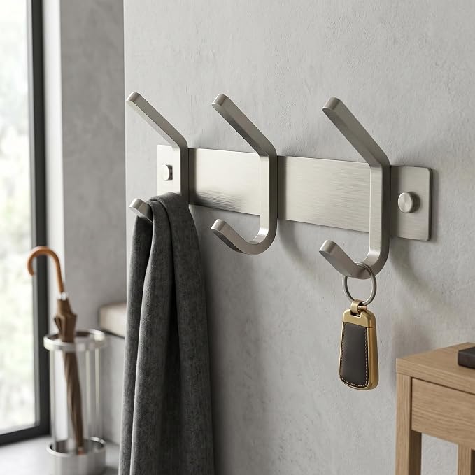 Small Coat Rack Wall Mount – Brushed Nickel 9 Inch Stainless Steel Hook Rail with 3 Heavy Duty Double Coat Hooks – Wall Mounted Coat Hanger for Entryway, Bathroom, Bedroom, Hat Organizer - 2 Pack