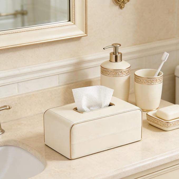 Begei Rectangular Resin Leather Tissue Box Cover for Home Decor, Modern Heavy Tissue Box Holder for Bathroom Countertop, Tabletop, Night Stand, Vanity Table, Office, Beige