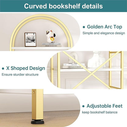 Shintenchi Bookshelf, Arched Bookshelf 5 Tier Bookcase Shelf for CDs/Books, Home Office Bookcase Shelf Storage Organizer, Modern Book Shelf for Bedroom/Living Room, Gold