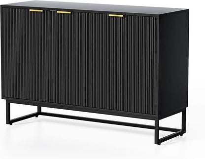 Fluted Storage Cabinet with 3 Doors, Sideboard Buffet Cabinets Adjustable Shelves, Credenza Console Table Cabinets for Living Room, Black