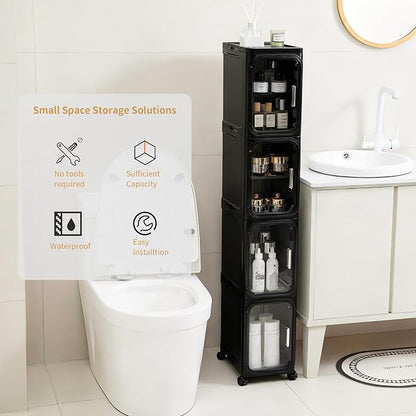 4-Tier Tall Narrow Slim Bathroom Storage Cabinet, Black | Tool Free Assembly, Adjustable shelves, Fits for Narrow Spaces, Lockable Wheels, Magnetic Clear Door