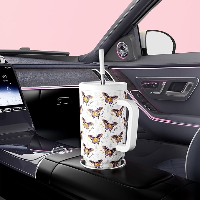 Meoky 40 oz Tumbler with Handle and Straw: Stainless Steel Insulated Tumbler with Lid and Straw - 100% Leak Proof Tumbler for Car Cup Holders - Travelers Commuters Workers, Flutterfly