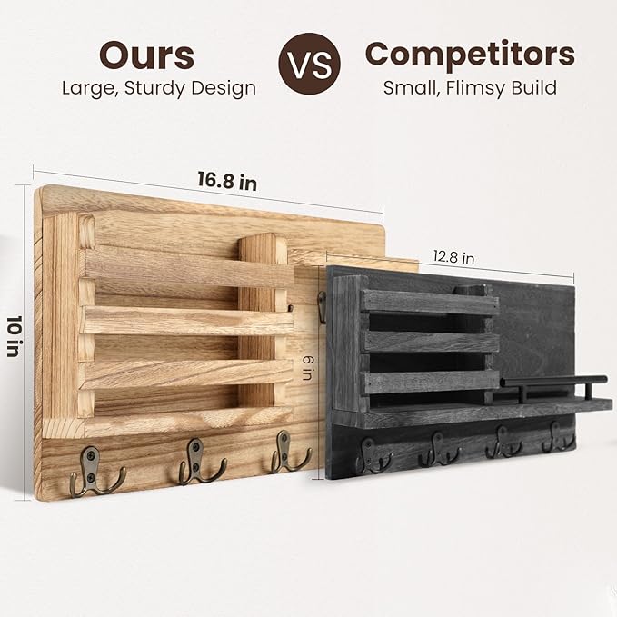 Nekon Mail Holder for Wall Mail Organizer with Key Hooks Hallway Farmhouse Decor Storage Racks with Floating Shelf and Flush Mount Hardware (16.8Inch x 10Inch x 3.2Inch) (Wood)