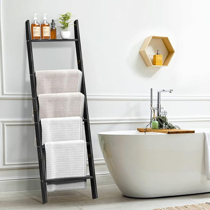 HONEST OUTFITTERS Blanket Ladders for The Living Room, 6-Tier Blanket Holder, Wall-Leaning Blanket Rack, Ladder Shelves, Wooden Quilt Ladder, Farmhouse Decor, Black