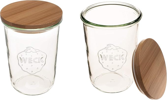 Weck Canning Jars 743-25.3 fl. oz Weck Mold Jars - Eco-Friendly Canning Jar - Storage for Food, Yogurt with Air Tight Seal and Lid - 3/4 Liter Tall Jars Set - Set of (2 Jars with Wooden Lids)