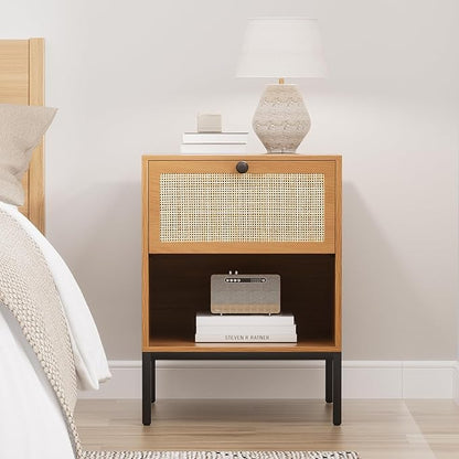XIAO WEI Natural Rattan Nightstand Set of 2, Boho Night Stand with Drawer and Open Shelf, Bedside Table Accent Cane End Table Side Table for Bedroom Living Room, Metal Legs/Small/Light Brown