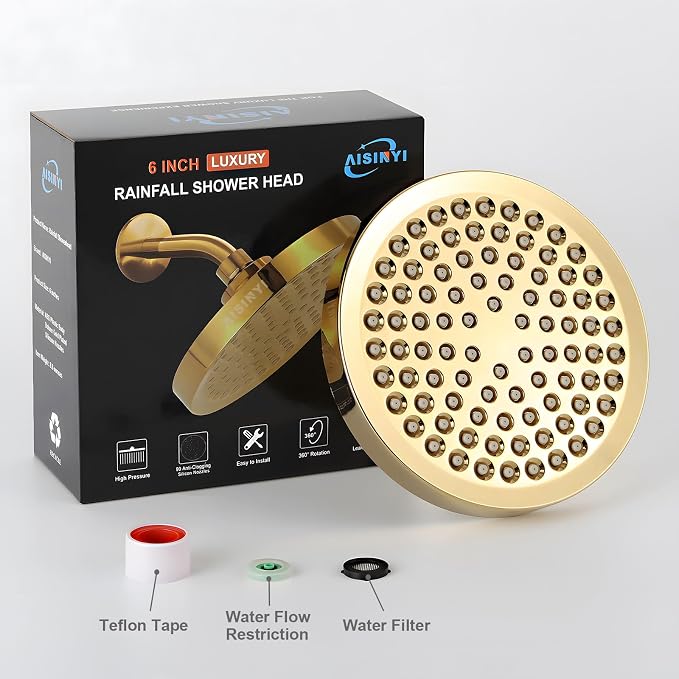 High Pressure Rainfall Shower Head, 6 Inches Luxury Modern Showerhead with Perfect Adjustable Replacement, Removable Restrictor, Easy Installation for Your Bathroom Shower Heads (Deluxe Gold)