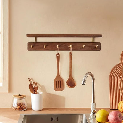 Solid Wood Shelf with Hooks, 19 inch Coat Rack Wall Mount, Shelves with 6 Brass Hooks for Hanging in Entryway, Living Room, Bathroom, Bedroom, Kitchen(Walnut)