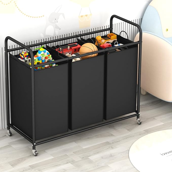 LINZINAR 3-Bag Laundry Basket, Black Laundry Hamper, Laundry Sorter Cart Laundry Room Organization with Heavy Duty Rolling Lockable Wheels and Removable Bags (135 L, 35.6 Gal)