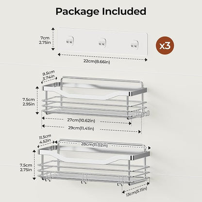 Orimade Shower Caddy Basket Shelf Storage Rack Pack of 2, No Drilling Wall Mounted Adhesive Rust Resistant Stainless Steel Shower Organizer with 5 Hooks for Bathroom, Toilet, Kitchen
