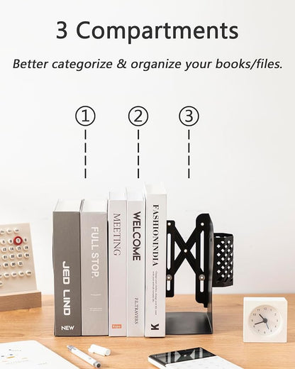 Kingsmile Book Ends, Adjustable Heavy Duty Metal Book Stoppers with Pen Holder for Desk Office Library Kids Room(Black)