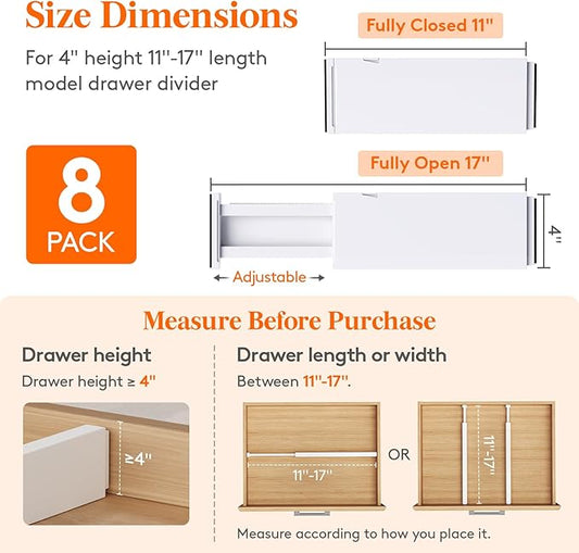Lifewit 8 Pack Upgrade Drawer Dividers for Clothes, 4" High 11"-17" Adjustable Dresser Drawer Organizers, Expandable White Plastic Drawer Separators for Kitchen, Nursery, Office Organization & Storage