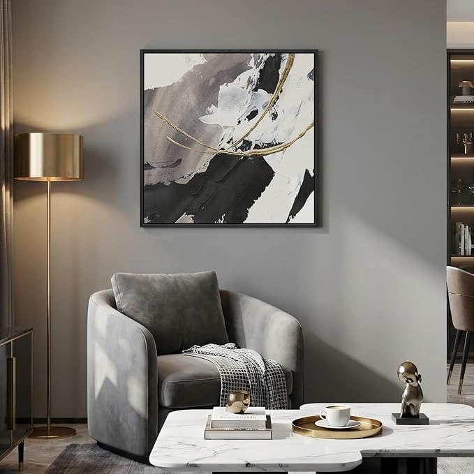 Framed Black White and Gold Abstract Wall Art, 1 Piece Square Modern Canvas Prints Artwork for Walls, Minimalist Abstract Picture for Bedroom Dining Room Lounge Living Room Office Wall Decor 24x24 In