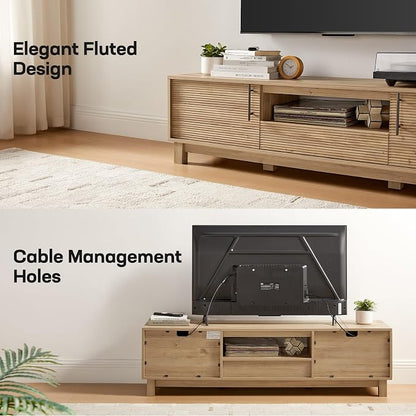 Amada 58" TV Stand for TVs up to 65 Inch, 58 Inch Fluted Entertainment Center with Storage Cabinets and Drawer, Mid Century Modern TV Console Table for Living Room & Bedroom, Natural Oak