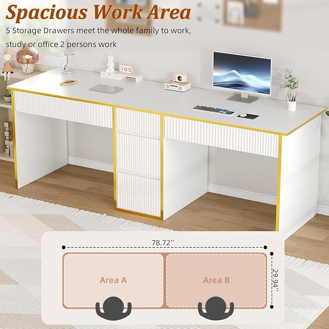 4 EVER WINNER Two Person Desk with Drawers, 78.72 Inch Extra Long Computer Desk with 5 Storage Drawers, Study Writing Desk with Storage Shelves for Home Office, White and Gold Desk