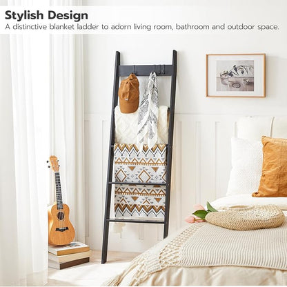 HOOBRO Blanket Ladder for Living Room and Bedroom, 5-Tier Wall Leaning Towel Rack for Bathroom, Decorative Ladder Shelf with 4 Removable Hooks, Farmhouse Blanket Storage, Black BB51CJ01G1