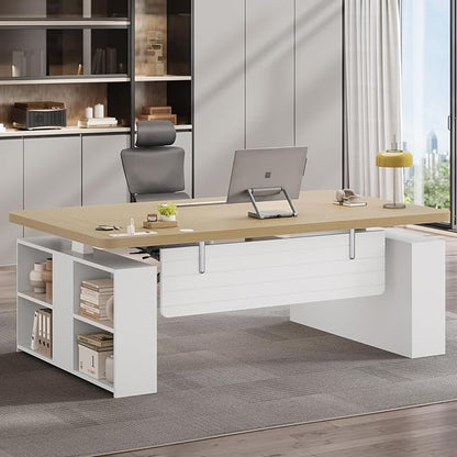 SEDETA 63" Executive Standing Desk with Storage, Executive Height Adjustable Desk with Power Outlets, Large Computer Office Desk with Privacy Panel for Home Office, Natural Oak