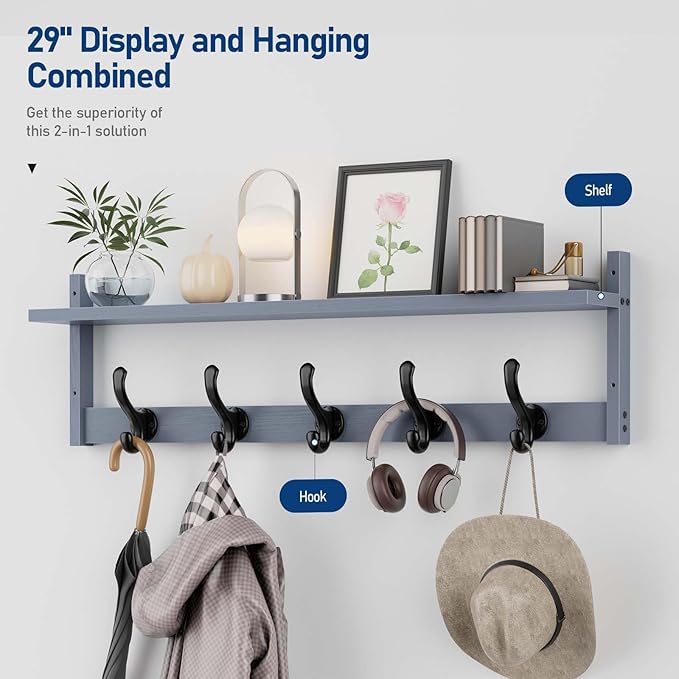 Tatub 29'' Coat Rack Wall Mount with Shelf, Wood Wall Hooks with Storage, Entryway Shelf with 5 Coat Hangers for Bathroom, Living Room, Bedroom, Grey