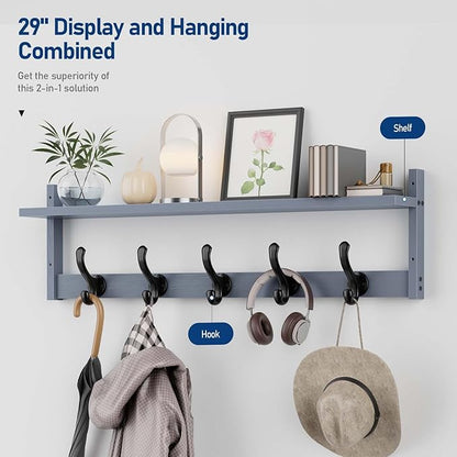 Tatub 29'' Coat Rack Wall Mount with Shelf, Wood Wall Hooks with Storage, Entryway Shelf with 5 Coat Hangers for Bathroom, Living Room, Bedroom, Grey