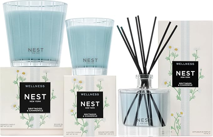 NEST New York Reed Diffuser, Driftwood & Chamomile - The Wellness Collection - 5.9 fl oz - Fragrance for Up to 90 Days - Reusable, Refillable Glass Holder - Includes 8 All-Natural Reed Sticks