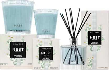 NEST New York Reed Diffuser, Driftwood & Chamomile - The Wellness Collection - 5.9 fl oz - Fragrance for Up to 90 Days - Reusable, Refillable Glass Holder - Includes 8 All-Natural Reed Sticks