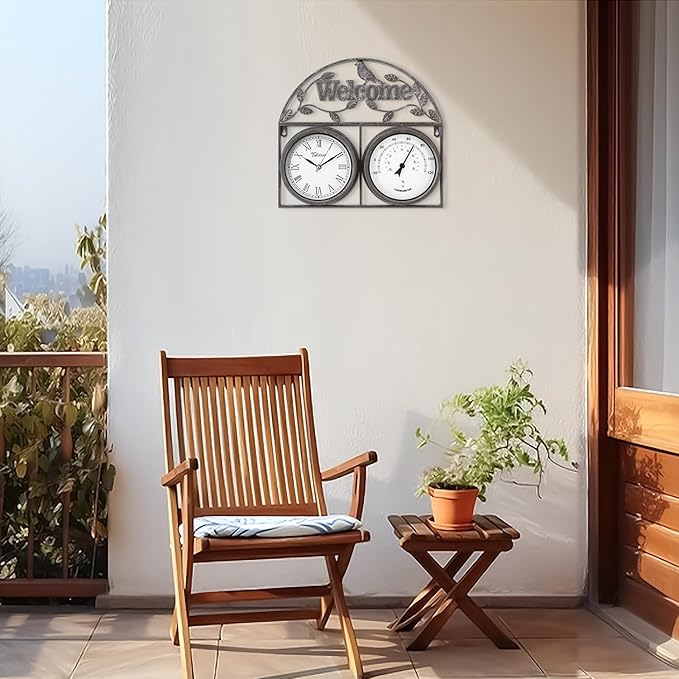 17Inch Large Outdoor Clock,Waterproof Wall Clock with Thermometer,Weatherproof Non-Ticking Quartz Battery Operated Decor Clock for Patio,Garden,Pool,Porch,House Warming Gifts