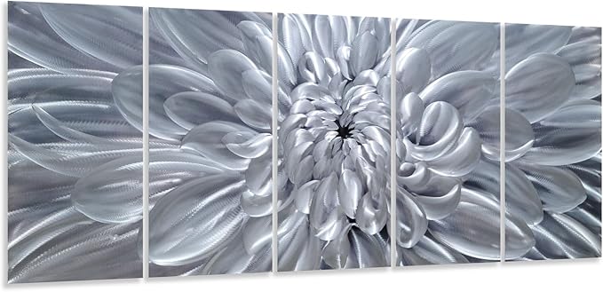 YHSKY ARTS Silver Floral Metal Wall Art - Hand Crafted 5 Piece Aluminum Sculpture Set for Living Room and Bedroom Decor