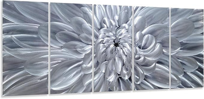 YHSKY ARTS Silver Floral Metal Wall Art - Hand Crafted 5 Piece Aluminum Sculpture Set for Living Room and Bedroom Decor