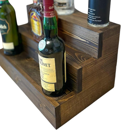 Handmade Tiered Display Shelving - Three Tier Bar Display - Bar Organizer - Liquor Bottle Display (18" without Back, Dark Walnut)