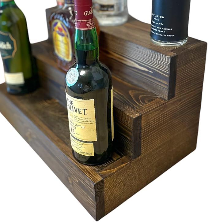 Handmade Tiered Display Shelving - Three Tier Bar Display - Bar Organizer - Liquor Bottle Display (18" with Back, Dark Walnut)
