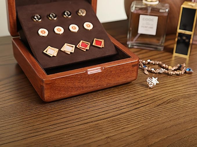Rosewood Cufflink Organizer Storage Box No-Veneer Solid Wood Craftsmanship Hold 12 Cufflinks Rings Earrings Smooth Surface Soft Coral Fleece Lining Compact for Travel Gift Jewelry Enthusiasts