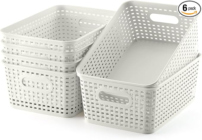 Plastic Storage Baskets Set of 6 Sturdy Pantry Organizers and Storage Bins Storage Container for Shelves, Countertops, Desktops, Cabinets, Bedrooms,White