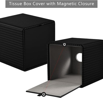 XNONE PU Leather Tissue Box Cover Square Tissue Box Holder for Bathroom Vanity Countertop Night Stands Bedroom Office Desk,Modern Tissue Decorative Organizer with Magnetic Closure (Black)