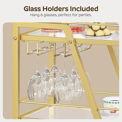 Bar Cart for The Home, Small Bar Cart on Wheels, Home Bar Serving Cart with Glass Holder, for Kitchen, Transparent and Gold BC03GD