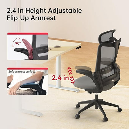 Office Chair, Ergonomic Desk Chair with Adjustable Lumbar Support, High Back Mesh Computer Chair with Flip Up Armrests and Headrest, Executive Task Chair for Home Office Study, 300LBS Capacity