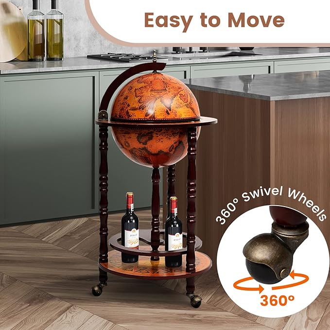 Goplus Globe Bar, 17.5” Liquor Globe Bar Cart with Wheels, Bottom Shelf, Old World Map, 16th Century Italian Replica Retro Wine Alcohol Stand, Globe Bar Cart for Dining Room Living Room Home