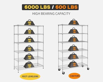 BestOffice | 6-Tier Wire Storage Shelves with Wheels | 18x48x78 | Chrome | Adjustable Racks | Heavy-Duty Metal Shelf, Holds Upto 600 lbs | No-Tool Assembly | Ideal for Home & Garage Shelving