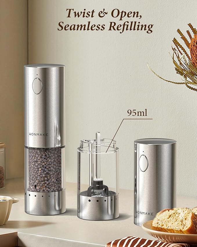 Electric Salt and Pepper Grinder Set - Automatic Refillable Salt and Pepper Grinders with Charging Base & LED Light, 6-Level Adjustable Coarseness with External Dial, Ideal Kitchen Gadget，Silver