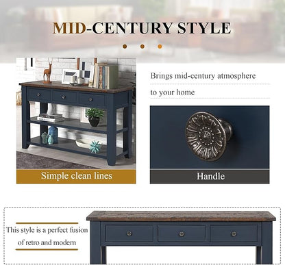 LKTART Solid Wood Console Table Sofa Table with Storage Drawers and Bottom Shelf Entryway Table for Entry Hallway Foyer Sofa Couch Table Easy Assembled (48.8" Blue)