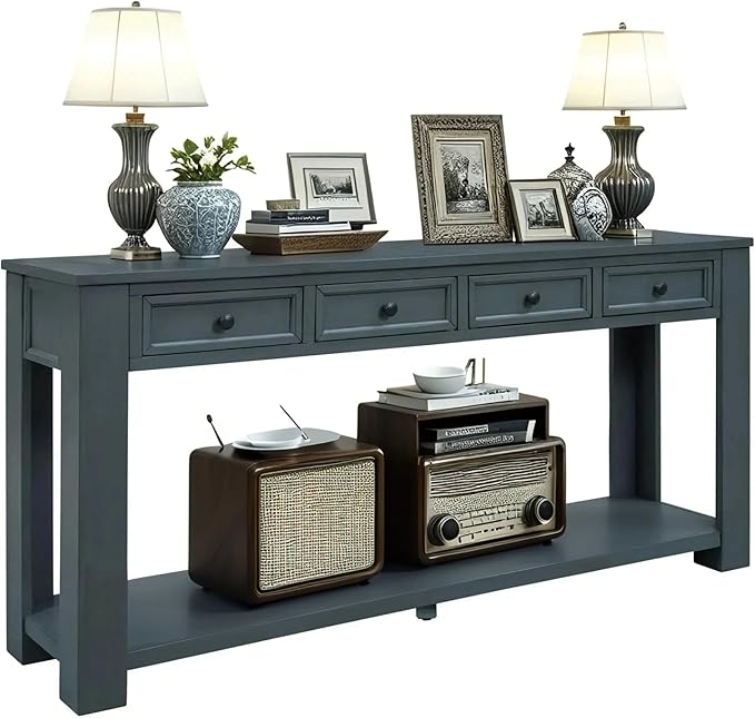 LKTART Solid Wood Console Table, Long Sofa Table Entryway Table with 4 Drawers and Bottom Shelf for Hallway Living Room Couch Table,Easy Assembled (63" Navy)