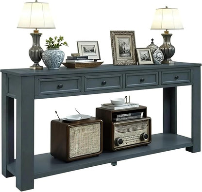 LKTART Solid Wood Console Table, Long Sofa Table Entryway Table with 4 Drawers and Bottom Shelf for Hallway Living Room Couch Table,Easy Assembled (63" Navy)