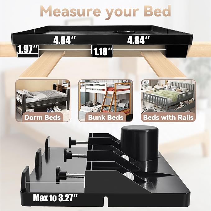 Bedside Shelf Dorm Bunk Bed, Bedside Caddy Shelf Dorm Bed, No Drill College Nightstand Organizer for Personal Items Books Glasses Apartment Bedroom Compact Space Solution Large+Black