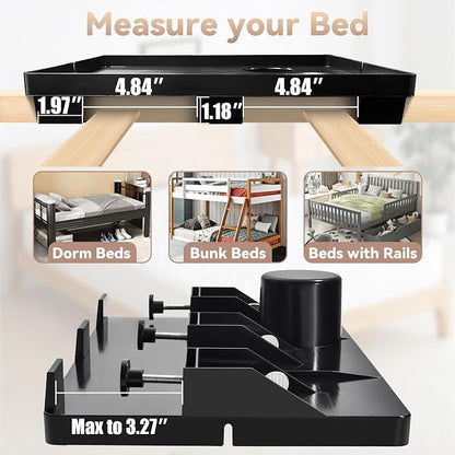 Bedside Shelf Dorm Bunk Bed, Bedside Caddy Shelf Dorm Bed, No Drill College Nightstand Organizer for Personal Items Books Glasses Apartment Bedroom Compact Space Solution Large+Black