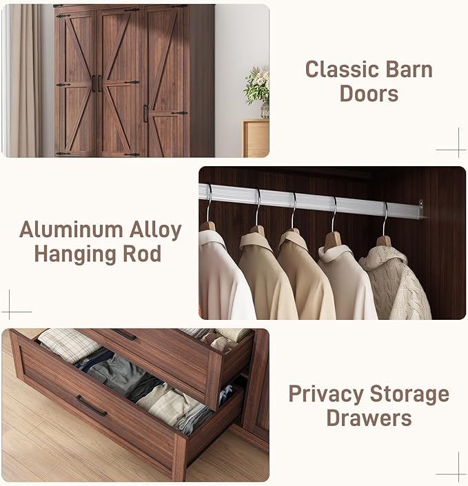 3 Doors Wardrobe Armoire Closet with Doors and Drawers, Farmhouse Wooden Armoire Storage Cabinet with Shelves & Hanging Rod for Bedroom, Brown