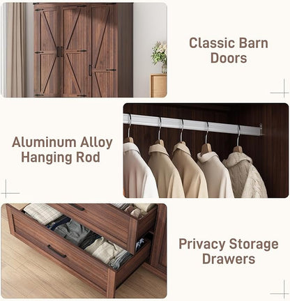 3 Doors Wardrobe Armoire Closet with Doors and Drawers, Farmhouse Wooden Armoire Storage Cabinet with Shelves & Hanging Rod for Bedroom, Brown
