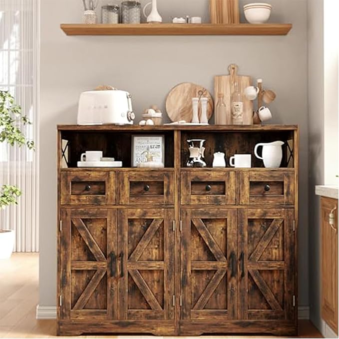 Rustic Brown Farmhouse Storage Cabinet with Barn Doors and Shelves, Freestanding Kitchen Pantry Storage Cabinet, Coffee Bar Station, Hutch Cupboard for Kitchen, Dining Room, Livingroom
