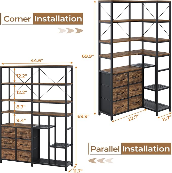 HAUOMS Corner Bookshelf, 7-Tier Industrial Convertible Book Shelf with 6 Fabric Drawers, Corner Bookcase Freestanding Display Shelf for Living Room, Kitchen, Home Office, Rustic Brown