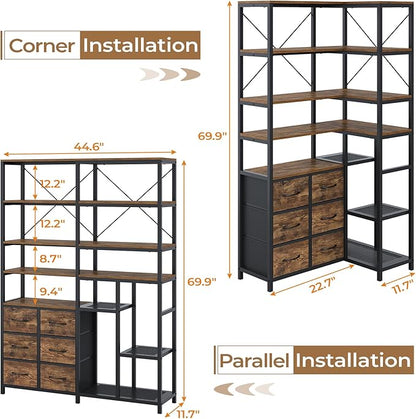 HAUOMS Corner Bookshelf, 7-Tier Industrial Convertible Book Shelf with 6 Fabric Drawers, Corner Bookcase Freestanding Display Shelf for Living Room, Kitchen, Home Office, Rustic Brown