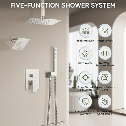 Shower Faucet Set Brushed Nickel Shower System,Bostingner Five Function Diverter Dual Head Shower Set,12'' Ceiling Mount and 6’‘ Wall Mount Rainfall Shower System with 2 in 1 Handheld Spray